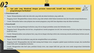 c. Apa pula yang dimaksud dengan peranan konservatif, kreatif dan evaluative dalam
pengembangan kurikulum?
1. Peran Konservatif:
• Tujuan: Mempertahankan tradisi dan nilai-nilai yang telah ada dalam kurikulum yang sudah ada.
• Tanggung Jawab: Mengidentifikasi elemen-elemen yang telah terbukti efektif dalam kurikulum lama dan berusaha mempertahankannya.
• Contoh: Memastikan bahwa mata pelajaran atau metode pengajaran yang telah lama digunakan tetap ada dalam kurikulum.
2. Peran Kreatif:
• Tujuan: Inovasi dan pengembangan kurikulum yang relevan dengan perubahan zaman dan kebutuhan siswa.
• Tanggung Jawab: Mengusulkan ide-ide baru, mengeksplorasi metode pengajaran inovatif, dan merancang kurikulum yang dapat merangsang
kreativitas siswa.
• Contoh: Memperkenalkan mata pelajaran baru yang relevan dengan teknologi terkini atau merancang metode pembelajaran berbasis proyek.
3. Peran Evaluatif:
• Tujuan: Menilai efektivitas kurikulum yang ada dan mengidentifikasi area perbaikan.
• Tanggung Jawab: Mengumpulkan data dan bukti tentang hasil belajar siswa, mengukur apakah tujuan kurikulum tercapai, dan memberikan
umpan balik untuk meningkatkan kurikulum.
• Contoh: Menggunakan data hasil ujian, penilaian kinerja siswa, atau umpan balik dari guru dan siswa untuk mengevaluasi keberhasilan
kurikulum
02
 