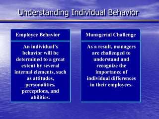 Understanding Individual Behavior
Employee Behavior Managerial Challenge
As a result, managers
are challenged to
understand and
recognize the
importance of
individual differences
in their employees.
An individual’s
behavior will be
determined to a great
extent by several
internal elements, such
as attitudes,
personalities,
perceptions, and
abilities.
 