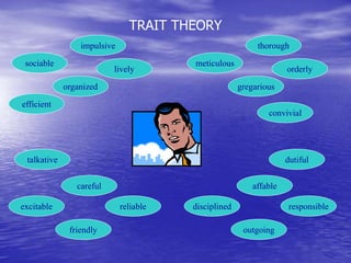 TRAIT THEORY
sociable
impulsive
organized
lively
efficient
talkative
friendly
careful
reliable
excitable
meticulous
thorough
gregarious
orderly
convivial
dutiful
outgoing
affable
responsible
disciplined
 