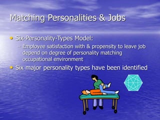 Matching Personalities & Jobs
• Six-Personality-Types Model:
– Employee satisfaction with & propensity to leave job
depend on degree of personality matching
occupational environment
• Six major personality types have been identified
 