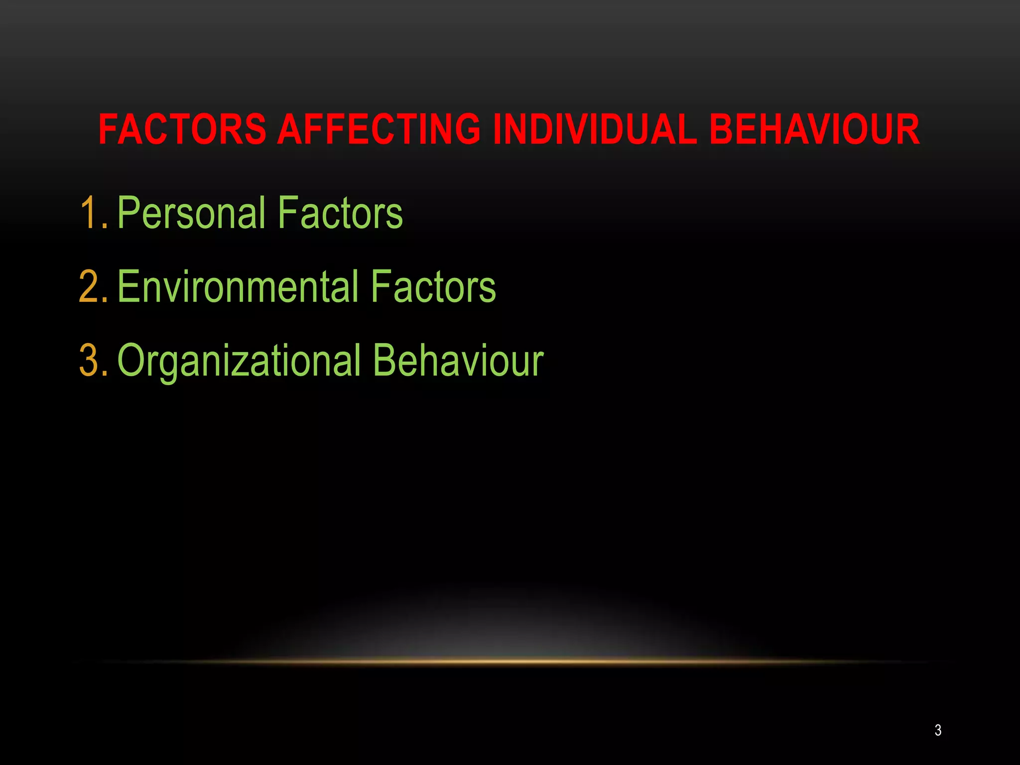 Factors affecting individual behaviourPersonal FactorsEnvironmental FactorsOrganizational Behaviour3