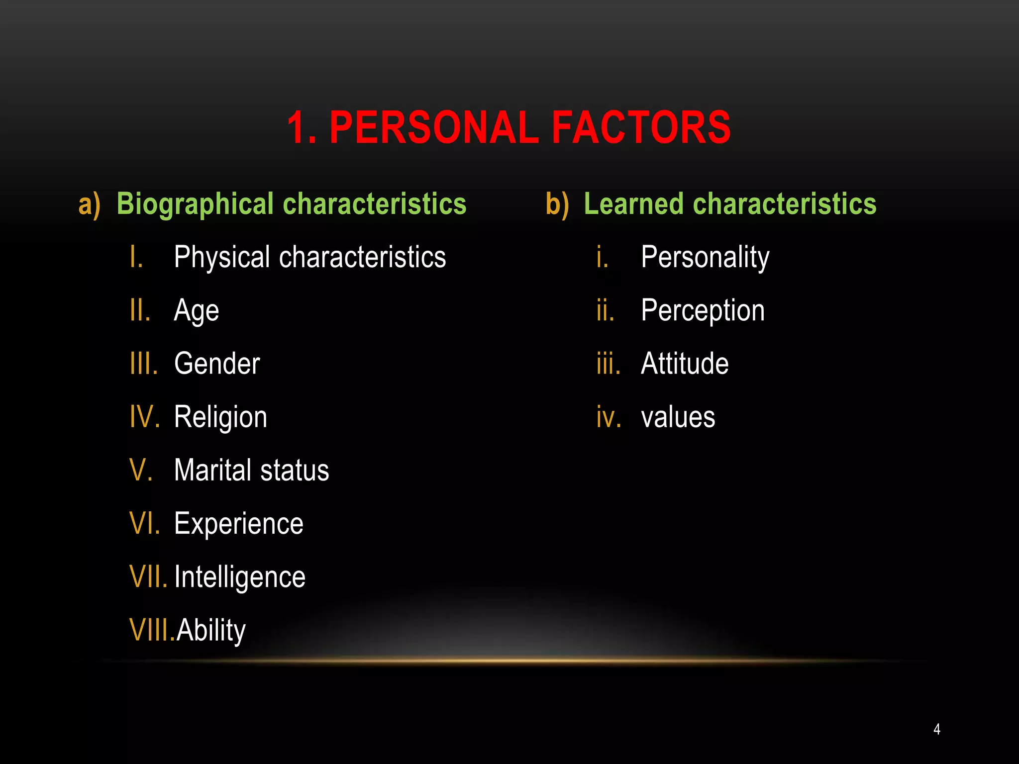 Biographical characteristicsPhysical characteristicsAgeGenderReligionMarital statusExperienceIntelligenceAbility Learned characteristicsPersonalityPerceptionAttitudevalues1. Personal factors4