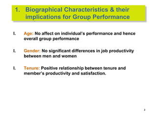 1. Biographical Characteristics & their
implications for Group Performance
I. Age: No affect on individual’s performance and hence
overall group performance
I. Gender: No significant differences in job productivity
between men and women
I. Tenure: Positive relationship between tenure and
member’s productivity and satisfaction.
2
 