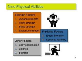Other Factors
7. Body coordination
8. Balance
9. Stamina
Nine Physical Abilities
Strength Factors
1. Dynamic strength
2. Trunk strength
3. Static strength
4. Explosive strength Flexibility Factors
5. Extent flexibility
6. Dynamic flexibility
7
 