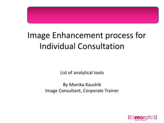 Al Image Enhancement process for
Individual Consultation
List of analytical tools
By Monika Kaushik
Image Consultant, Corporate Trainer

 
