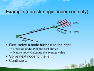 Example (non-strategic under certainty) <ul><li>First, solve a node furthest to the right </li></ul><ul><ul><li>Decision n...