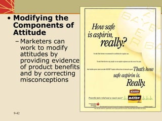 9-42
• Modifying theModifying the
Components ofComponents of
AttitudeAttitude
– Marketers can
work to modify
attitudes by
providing evidence
of product benefits
and by correcting
misconceptions
 