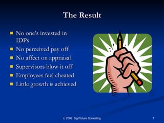 The Result No one’s invested in IDPs  No perceived pay off No affect on appraisal Supervisors blow it off Employees feel cheated Little growth is achieved 
