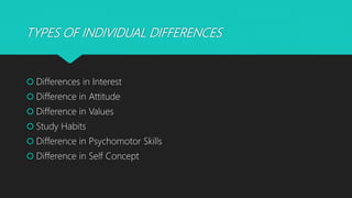 TYPES OF INDIVIDUAL DIFFERENCES
 Differences in Interest
 Difference in Attitude
 Difference in Values
 Study Habits
 Difference in Psychomotor Skills
 Difference in Self Concept
 