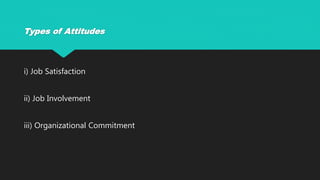 Types of Attitudes
i) Job Satisfaction
ii) Job Involvement
iii) Organizational Commitment
 