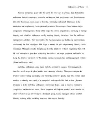 Differences at Work 11
As more companies go on with the search for new ways to enhance their bottom line
and ensure that their employees maintain and increase their performance and do not venture
into other businesses, such issues as diversity, embracing individual differences in the
workplace and emphasizing in the personal growth of the employees have become major
components of management. Some of the steps that various organization are taking to manage
diversity and individual differences are by isolating diversity initiatives from the traditional
management activities. They accomplish this by encouraging and facilitating short seminars
on diversity for their employees. This helps to nurture the spirit of promoting diversity in the
workplace. Managers are also formalizing diversity initiatives without integrating them with
the core management practices by forming intercultural exchange programs and finally by
liking the diversity initiatives to the already existing core activities and management systems
(Wood and Landry 2008).
Individual differences are a major part of a company’s success. Top management,
therefore, needs to put in place policies that encourage diversity. Managers who practice
diversity in their hiring, developing and promoting minority groups, may it be women older
workers or minority race, need to be recognized and rewarded for their actions. Support
programs to foster individual differences are the next logical step to ensure a company’s
competitive and innovative nature. These programs will help the workers to acclimatize to
other workers who do not belong to a dominant group. Lastly, managers should conduct
diversity training while providing structures that support diversity.
 