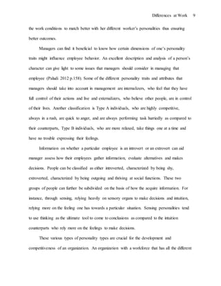 Differences at Work 9
the work conditions to match better with her different worker’s personalities thus ensuring
better outcomes.
Managers can find it beneficial to know how certain dimensions of one’s personality
traits might influence employee behavior. An excellent description and analysis of a person’s
character can give light to some issues that managers should consider in managing that
employee (Paludi 2012 p.158). Some of the different personality traits and attributes that
managers should take into account in management are internalizers, who feel that they have
full control of their actions and live and externalizers, who believe other people, are in control
of their lives. Another classification is Type A individuals, who are highly competitive,
always in a rush, are quick to anger, and are always performing task hurriedly as compared to
their counterparts, Type B individuals, who are more relaxed, take things one at a time and
have no trouble expressing their feelings.
Information on whether a particular employee is an introvert or an extrovert can aid
manager assess how their employees gather information, evaluate alternatives and makes
decisions. People can be classified as either introverted, characterized by being shy,
extroverted, characterized by being outgoing and thriving at social functions. These two
groups of people can further be subdivided on the basis of how the acquire information. For
instance, through sensing, relying heavily on sensory organs to make decisions and intuition,
relying more on the feeling one has towards a particular situation. Sensing personalities tend
to use thinking as the ultimate tool to come to conclusions as compared to the intuition
counterparts who rely more on the feelings to make decisions.
These various types of personality types are crucial for the development and
competitiveness of an organization. An organization with a workforce that has all the different
 