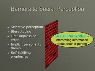 Barriers to Social Perception
 Selective perception
 Stereotyping
 First-impression
error
 Implicit personality
theory
 Self-fulfilling
prophecies
Social Perception -
interpreting information
about another person
 