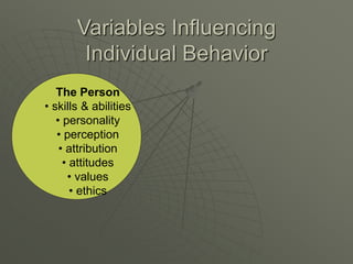 Variables Influencing
Individual Behavior
The Person
• skills & abilities
• personality
• perception
• attribution
• attitudes
• values
• ethics
 