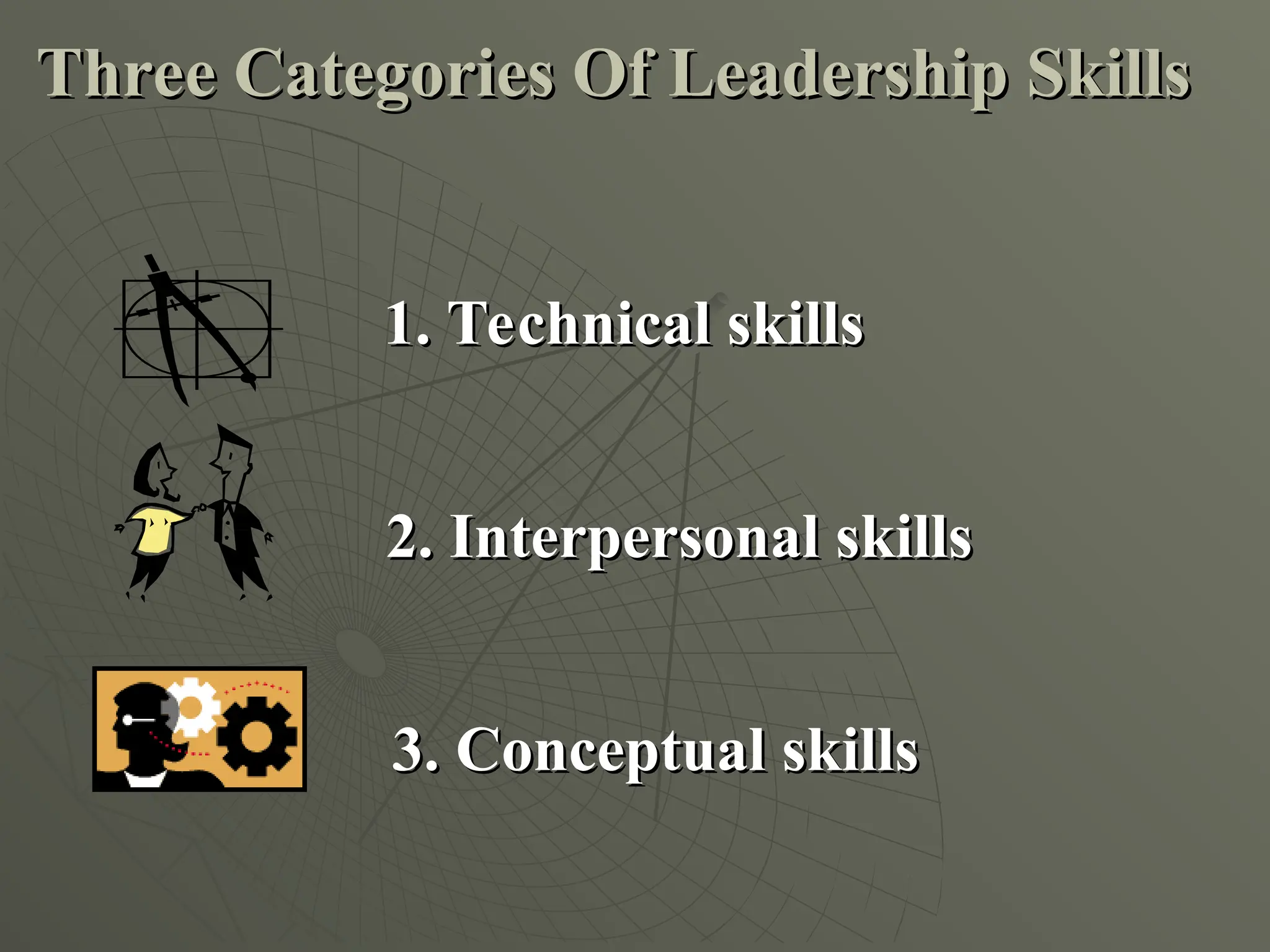 Three Categories Of Leadership Skills
Three Categories Of Leadership Skills
1. Technical skills
1. Technical skills
2. Interpersonal skills
2. Interpersonal skills
3. Conceptual skills
3. Conceptual skills
 