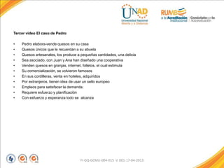 Tercer video El caso de Pedro
• Pedro elabora-vende quesos en su casa
• Quesos únicos que le recuerdan a su abuela
• Quesos artesanales, los produce a pequeñas cantidades, una delicia
• Sea asociado, con Juan y Ana han diseñado una cooperativa
• Venden quesos en granjas, internet, folletos, el cual estimula
• Su comercialización, se volvieron famosos
• En sus cordilleras, venta en hoteles, adquiridos
• Por extranjeros, tienen idea de usar un sello europeo
• Empleos para satisfacer la demanda.
• Requiere esfuerzo y planificación
• Con esfuerzo y esperanza todo se alcanza
FI-GQ-GCMU-004-015 V. 001-17-04-2013
 