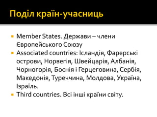  Member States. Держави – члени
Європейського Союзу
 Associated countries: Ісландія, Фарерські
острови, Норвегія, Швейцарія,Албанія,
Чорногорія, Боснія і Герцеговина,Сербія,
Македонія,Туреччина, Молдова, Україна,
Ізраїль.
 Third countries. Всі інші країни світу.
 