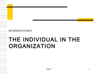 THE INDIVIDUAL IN THE
ORGANIZATION
BUSINESS ETHICS
1TME 7
 