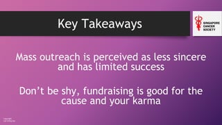 Copyright
Loh Ching Soo
Key Takeaways
Mass outreach is perceived as less sincere
and has limited success
Don’t be shy, fundraising is good for the
cause and your karma
 