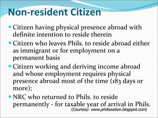 Non-resident Citizen Citizen having physical presence abroad with definite intention to reside therein Citizen who leaves Phils. to reside abroad either as immigrant or for employment on a permanent basis Citizen working and deriving income abroad and whose employment requires physical presence abroad most of the time (183 days or more); NRC who returned to Phils. to reside permanently - for taxable year of arrival in Phils.  (Courtesy:  www.philtaxation.blogspot.com ) 