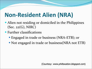 Non-Resident Alien (NRA) Alien not residing or domiciled in the Philippines (Sec. 22(G), NIRC) Further classifications Engaged in trade or business (NRA-ETB); or Not engaged in trade or business(NRA not ETB) (Courtesy:  www.philtaxation.blogspot.com ) 