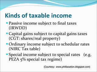 Kinds of taxable income Passive income subject to final taxes (IRWDD) Capital gains subject to capital gains taxes  (CGT: shares/real property) Ordinary income subject to schedular rates  (NIRC Tax table) Special income subject to special rates  (e.g. PEZA 5% special tax regime) (Courtesy:  www.philtaxation.blogspot.com ) 