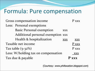Formula: Pure compensation Gross compensation income P xxx Less: Personal exemptions Basic Personal exemption xxx Additional personal exemption xxx Health & hospitalization xxx   xxx Taxable net income P xxx Tax table (5-32%) P xxx Less: W/holding tax on compensation     xxx Tax due & payable   P xxx (Courtesy:  www.philtaxation.blogspot.com ) 
