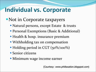 Individual vs. Corporate Not in Corporate taxpayers Natural persons, except Estate  & trusts Personal Exemptions (Basic & Additional) Health & hosp. insurance premium Withholding tax on compensation Holding period in CGT (50%/100%) Senior citizens Minimum wage income earner (Courtesy:  www.philtaxation.blogspot.com ) 