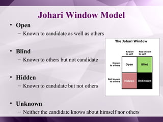 Johari Window Model
• Open
– Known to candidate as well as others
• Blind
– Known to others but not candidate
• Hidden
– Known to candidate but not others
• Unknown
– Neither the candidate knows about himself nor others
 