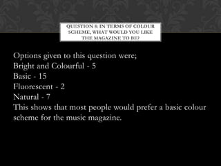 QUESTION 8: IN TERMS OF COLOUR
                SCHEME, WHAT WOULD YOU LIKE
                    THE MAGAZINE TO BE?


Options given to this question were;
Bright and Colourful - 5
Basic - 15
Fluorescent - 2
Natural - 7
This shows that most people would prefer a basic colour
scheme for the music magazine.
 