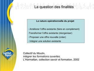 La question des finalités La nature opérationnelle du projet  Améliorer l’offre existante (faire en complément) Transformer l’offre existante (réorganiser) Proposer une offre nouvelle (créer)  Intégrer une solution existante Collectif du Moulin,  intégrer les formations ouvertes,   L’Harmattan, collection savoir et formation, 2002 