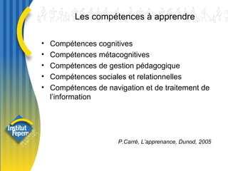Les compétences à apprendre Compétences cognitives  Compétences métacognitives  Compétences de gestion pédagogique Compétences sociales et relationnelles Compétences de navigation et de traitement de l’information P.Carré, L’apprenance, Dunod, 2005 