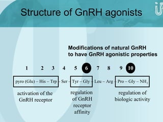 Structure of GnRH agonists 
Modifications of natural GnRH 
to have GnRH agonistic properties 
1 2 3 4 5 6 7 8 9 10 
pyro (Glu) – His – Trp – Ser – Tyr – Gly – Leu – Arg – Pro – Gly – NH2 
activation of the 
GnRH receptor 
regulation 
of GnRH 
receptor 
affinity 
regulation of 
biologic activity 
 