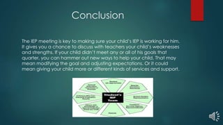 Conclusion
The IEP meeting is key to making sure your child’s IEP is working for him.
It gives you a chance to discuss with teachers your child’s weaknesses
and strengths. If your child didn’t meet any or all of his goals that
quarter, you can hammer out new ways to help your child. That may
mean modifying the goal and adjusting expectations. Or it could
mean giving your child more or different kinds of services and support.
 