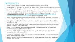 References
 Banks, M. (2007). Using visual data in qualitative research. Los Angeles: SAGE.
 Bookbinder, G. E., Vincent, D., & Crumpler, M. (2000). SSRT: Salford sentence reading test (revised).
London: Hodder & Stoughton.
 Cohen, L., Manion, L., & Morrison, K. (2011). Research methods in education. London: Routledge.
 Department for Education (2013) The National Curriculum in England: Key Stages 1 and 2
framework document. Available at: https://www.gov.uk/government/publications/national-
curriculum-in-england-primary-curriculum (Accessed: 12th December 2016).
 Hattie, J. (2009). Visible learning: A synthesis of over 800 meta-analyses relating to achievement.
London and New York: Routledge.
 McLaughlin, J. A. (2004). Research and evaluation methods in special education. Thousand Oaks,
Calif: Corwin Press.
 Mitchell, D. R. (2008). What really works in special and inclusive education: using evidence-based
teaching strategies. London: Routledge.
 Siegel, B. (2003). Helping children with autism learn: Treatment approaches for parents and
professionals. Oxford: Oxford University Press.
 Silverman, D. (2011). Interpreting qualitative data: A guide to the principles of qualitative
research. London: SAGE Publications.
 Tilstone, C., & Layton, L. (2004). Child development and teaching pupils with special educational
needs. London: Routledge Falmer.
 Wood, P., & Smith, J. (2016). Educational Research: Taking the Plunge. Carmarthen: Independent
Thinking Press Limited.
 