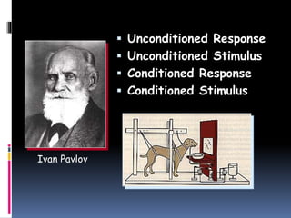  Unconditioned Response 
 Unconditioned Stimulus 
 Conditioned Response 
 Conditioned Stimulus 
Ivan Pavlov 
 