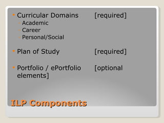    Curricular Domains       [required]
    ◦ Academic
    ◦ Career
    ◦ Personal/Social

   Plan of Study            [required]

   Portfolio / ePortfolio   [optional
    elements]



ILP Components
 