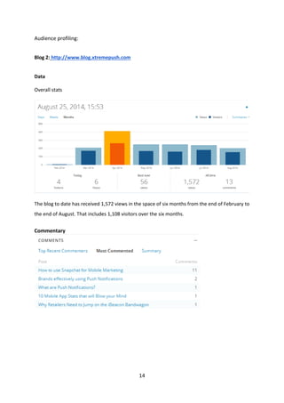 14 
Audience profiling: 
Blog 2: http://www.blog.xtremepush.com 
Data 
Overall stats 
The blog to date has received 1,572 views in the space of six months from the end of February to the end of August. That includes 1,108 visitors over the six months. 
Commentary 
 