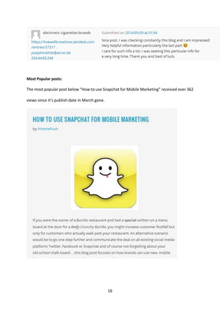 16 
Most Popular posts: 
The most popular post below “How to use Snapchat for Mobile Marketing” received over 362 views since it’s publish date in March gone. 
 