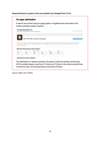 74 
Keyword ibeacon’s grade on the new website has changed from F to B. 
Source: (Moz.com, 2014) 
 