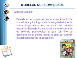 MODELOS QUE COMPRENDE
Escuela Clásica:
Basada en el supuesto que el conocimiento de
los valores y los logros de la antigüedad son de
suma importancia en la vida del mundo
moderno. Escuela Activa. Movimiento o corriente
de reforma pedagógica el que “el niño se
convierte en el centro hacia la cual se vuelven
las aplicaciones de la educación.

 