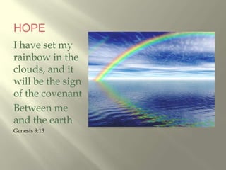 HOPEI have set my rainbow in the clouds, and it will be the sign of the covenantBetween me and the earthGenesis 9:13