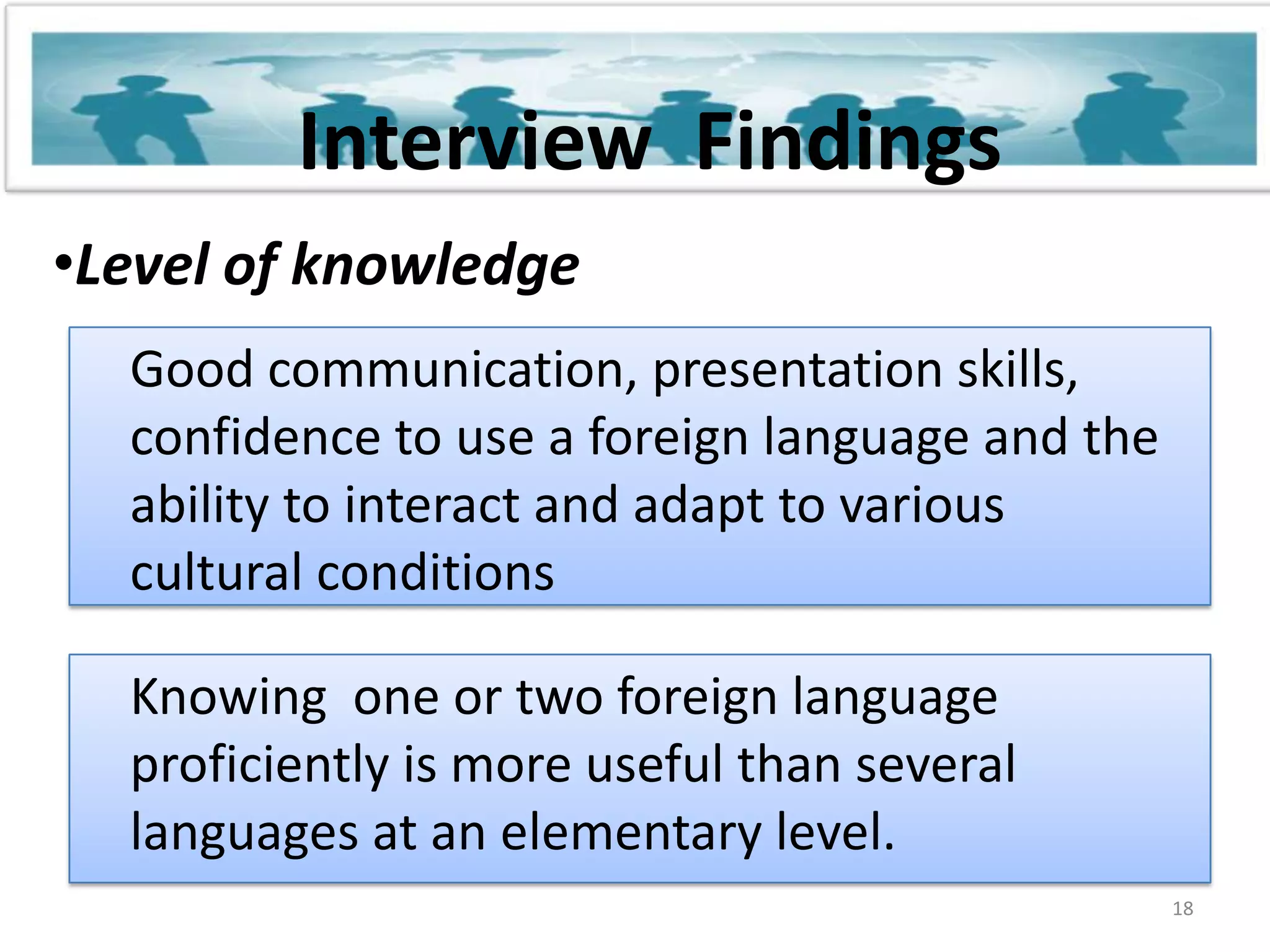 Interview  FindingsNeed for languages 	Language skills are important and even decisive in recruitment.English 16	English is widely spoken throughout Europe since its fluent use in professional matters at workplace.