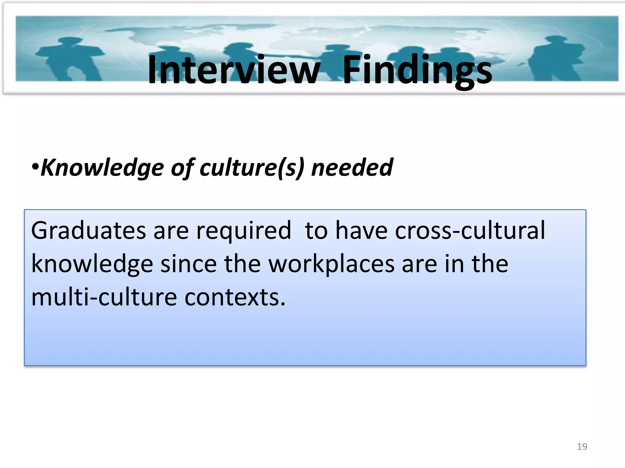17Interview  Findings The national languages of the country  Finnish and Swedish are required at the workplace, but  the majority  of language speakers do not be proficient at both official languages at the same time. 