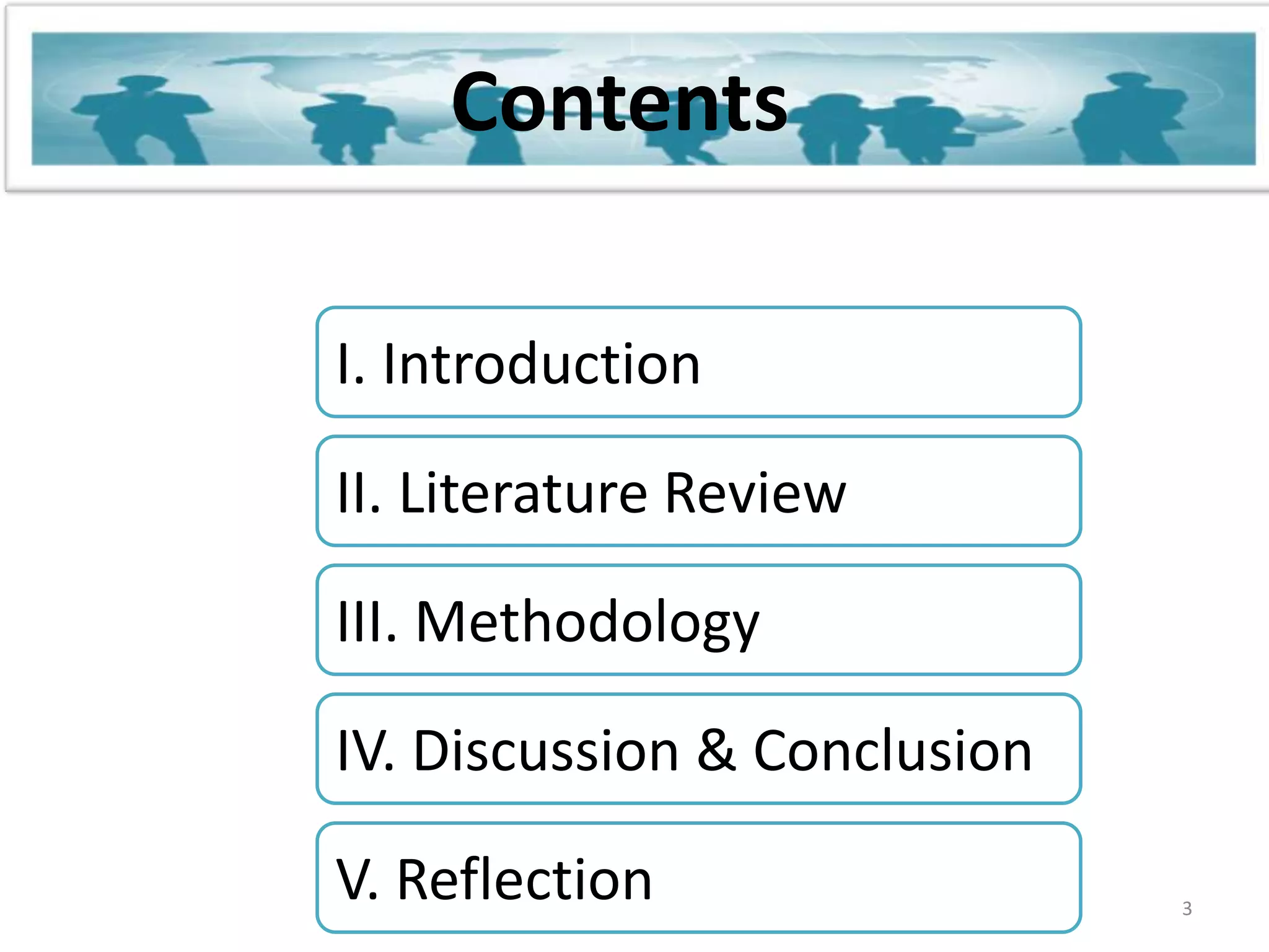 Contents I. Introduction II. Literature Review III. MethodologyIV. Discussion & ConclusionV. Reflection3
