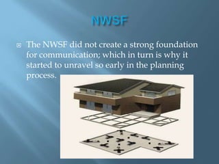 NWSFThe NWSF did not create a strong foundation for communication; which in turn is why it started to unravel so early in the planning process.