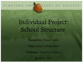 Individual Project:
 School Structure
   Created by: Dawn Colsch

   Class: Issues in Education

  Professor: Timothy Peterson

        March 4th, 2013         1
 