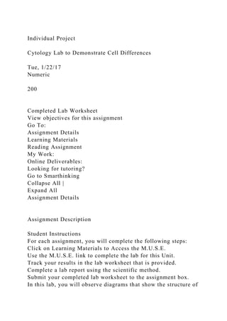 Individual Project
Cytology Lab to Demonstrate Cell Differences
Tue, 1/22/17
Numeric
200
Completed Lab Worksheet
View objectives for this assignment
Go To:
Assignment Details
Learning Materials
Reading Assignment
My Work:
Online Deliverables:
Looking for tutoring?
Go to Smarthinking
Collapse All |
Expand All
Assignment Details
Assignment Description
Student Instructions
For each assignment, you will complete the following steps:
Click on Learning Materials to Access the M.U.S.E.
Use the M.U.S.E. link to complete the lab for this Unit.
Track your results in the lab worksheet that is provided.
Complete a lab report using the scientific method.
Submit your completed lab worksheet to the assignment box.
In this lab, you will observe diagrams that show the structure of
 