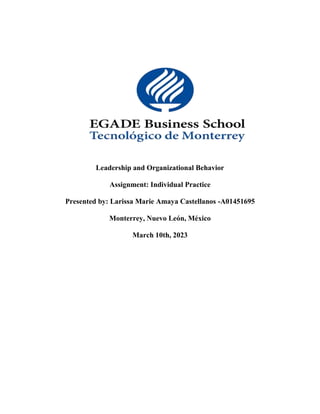 Leadership and Organizational Behavior
Assignment: Individual Practice
Presented by: Larissa Marie Amaya Castellanos -A01451695
Monterrey, Nuevo León, México
March 10th, 2023
 