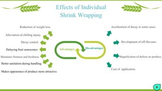 Effects of Individual
Shrink Wrapping
Advantages Dis-advantages
Acceleration of decay in some cases.
Cost of application.
Development of off-flavours.
Magnification of defects on produce.
Reduction of weight loss.
Decay control.
Maintains firmness and freshness.
Delaying fruit senescence.
Alleviation of chilling injury.
Better sanitation during handling.
Makes appearance of produce more attractive.
9
 